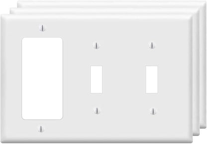Combination Double Toggle/Single Decorator Rocker Outlet Light Switch Wall Plates 3-Gang Switch Electrical Cover Plate Unbreakable Thermoplastic Faceplate, White (3 Pack)