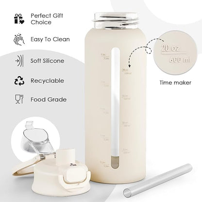 SANDJEST Glass Water Bottle with Silicone Sleeve 24oz with Lid, Motivational Time Marker, Drinking Hydration Glass Bottles for Men Women, Gym Travel Sports (Cream)