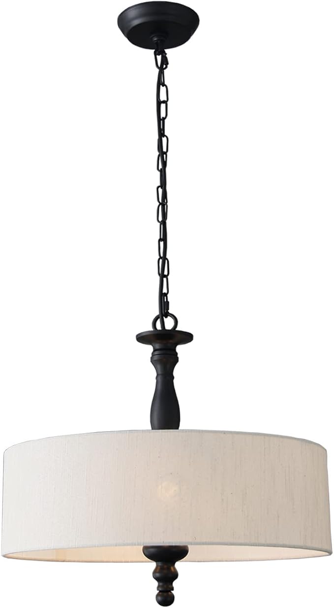 4 Light Drum Chandeliers, Beige Linen Drum Pendant Lighting Fixture with Black Metal Rod Adjustable Hanging Chain Ceiling Lights for Kitchen Island Dining Table Entryway Dia 17.3inch