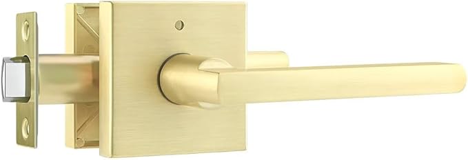 Leydebong 1 Pack Gold Door Handles, Keyless Privacy Door Levers Bed and Bath Leverset Lockset, Universal Handing with Square Door Knobs, Satin Brass Finish