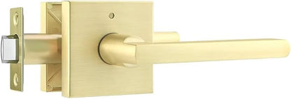 Leydebong 1 Pack Gold Door Handles, Keyless Privacy Door Levers Bed and Bath Leverset Lockset, Universal Handing with Square Door Knobs, Satin Brass Finish