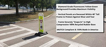 YIELD TO PEDESTRIANS, MUTCD COMPLIANT. Crossing Sign for School Zone/Crosswalks - U-Frame & 37lb U-Base (Sign and base ship separately) (Fluorescent Yellow-Green, YIELD TO PEDESTRIANS)