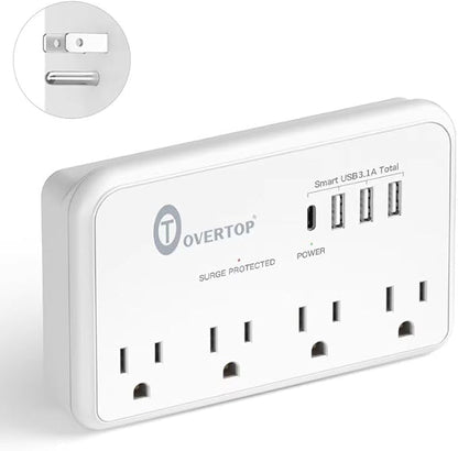 Overtop Wall Outlet Extender Surge Protector with 4 AC Outlets, 4 USB Ports(1 USB C) Multi Plug Expander Charger for Home, Dorm, Classroom, Travel