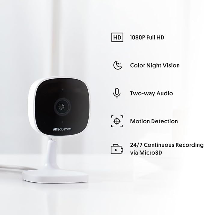 AlfredCam Indoor WiFi Security Camera, FullHD 1080P, 2.4G/WiFi, Continuous Recording, Motion Detection, Night Vision, Baby Monitor/Pet/Nanny Cam, App Powered (90M+ downloads)