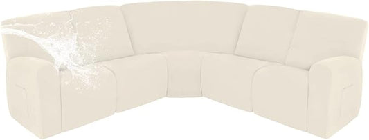 Easy-Going 100% Waterproof Recliner Cover, Stretch Couch Covers for Reclining Couches, Extra Large Sectional Sofa Slipcover, L-Shape Furniture Protector for Kids & Pets, 5 Seater, Beige