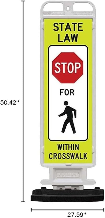 Plasticade Crosscade Crosswalk Sign, 36" Vertical Panel with 12x36 State Law Stop For Pedestrians Sign, Impact-Resistant Rubber Base, Diamond Grade Reflective Background and HIP Sheeting