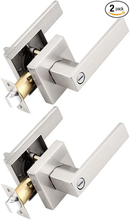 Probrico Interior Brushed Nickel Door Handle, Heavy Duty, Flat Square Privacy Door Handles, Keyless Door Levers Lockset for Bedroom and Bathroom (2 Pack, Modern)