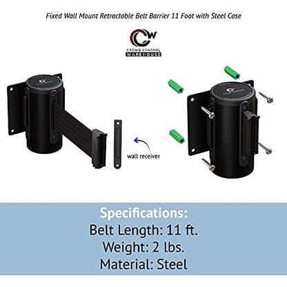 Crowd Control Warehouse - CCW Series WMB-120 Fixed Wall Mount Retractable Belt Barrier - 11 Foot, Blue Belt with Black Steel Case
