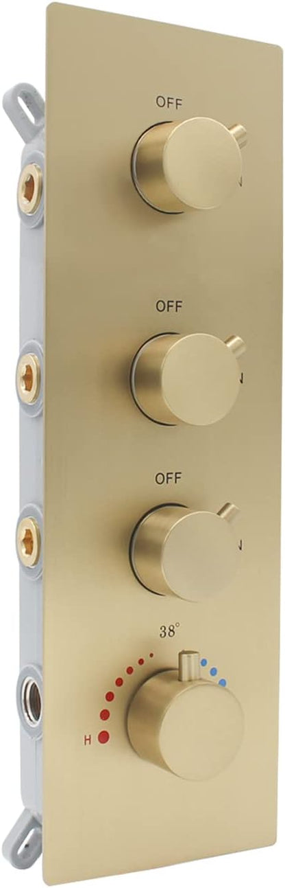 Thermostatic 3 Way Shower Diverter Valve, Modern Bathroom Concealed Brass Mixer Mixing Faucet Valve Kit Single Handle Control Flow Can Use At The Same Time, Brushed Gold