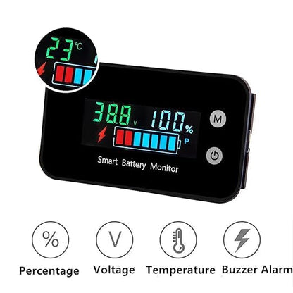 Upgrade IPX7 Waterproof Battery Monitor with Bracket,12v 24v 36v 48v 60v 72v Battery Tester for car,Golf cart,RV,Boat.Voltage,Remain Capacity Battery Monitor with Temperature and Buzzer Alarm