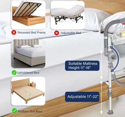Foldable Bed Rails for Elderly Adults Safety - Heavy Duty Bed Rail for Seniors with Adjustable Height,Bed Side Rails with Motion Sensor Light and Storage Pocket,Fits King Queen Full Twin Beds,400LBS