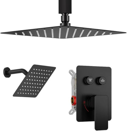 Shower Faucet Set Matte Black Shower System, STARBATH 10" Ceiling Mount Rain Showerhead and 6" Wall Mounted Rainfall Shower for Couples, On Off Button Valve Dual Head Shower Systems Complete