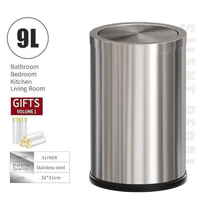 Stainless Steel Garbage Can with Lid,Small Bathroom Trash Can with Flipping Lid for Bathroom,Hotel,Office,Laundry【Perfect Christmas Gift】(Sliver)