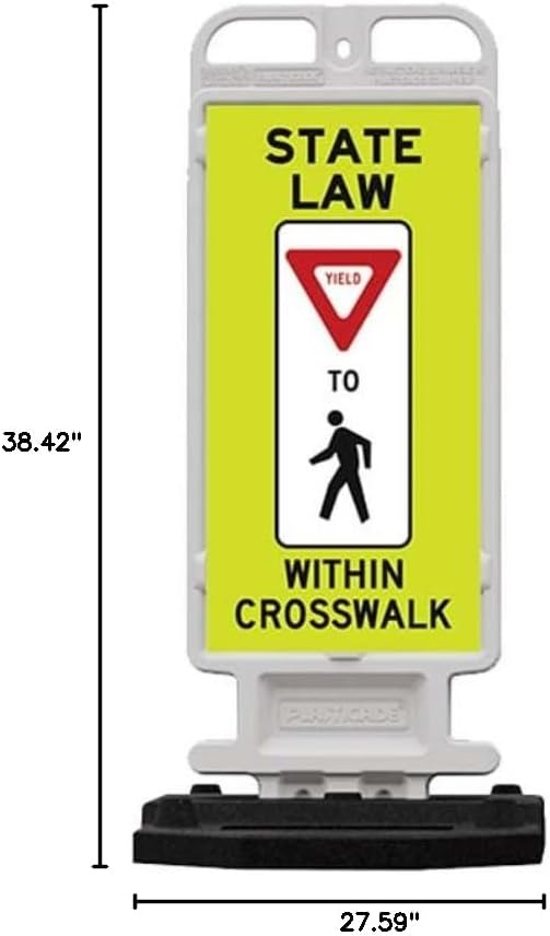 Plasticade Crosscade Crosswalk Sign, 24" Vertical Panel with 12x24 State Law Yield To Pedestrians Sign, Impact-Resistant Rubber Base, Diamond Grade Reflective Background and HIP Sheeting