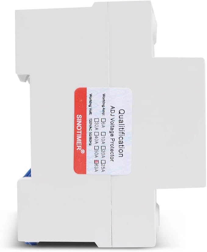 110VAC 120VAC 63A Over/Under Voltage Protection Device Voltage Current Protector, 2 Red LED Displays, Single Phase Low Voltage Monitor, Din Rail Installation in DB Home Usage
