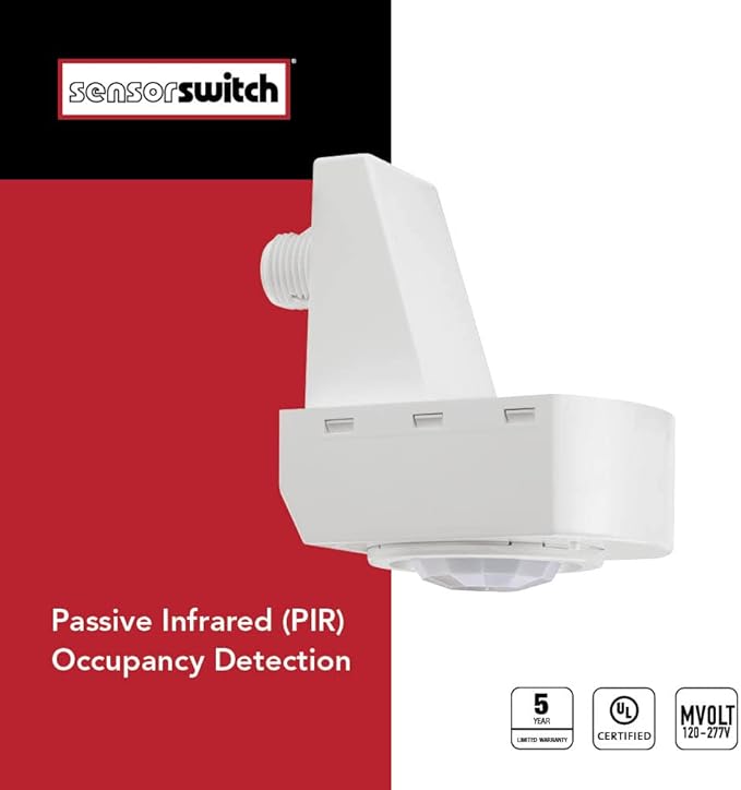 SensorSwitch Line Voltage Fixture Mount Occupancy Sensor, Indoor PIR Motion Sensor Light Control for Commercial Ceiling Lights, MVOLT 120–277V, High & Low Mount 360º Motion Detection