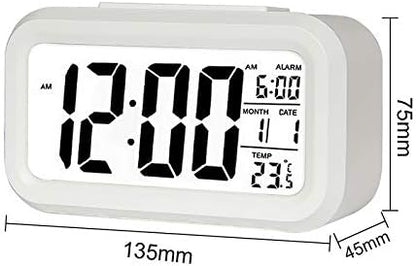 Digital Alarm Clock with LCD Display, Desk Smart Electronic Small Clock with Indoor Temperature, Date, Light Sensor, Backlight, Battery Operated, for Home Bedroom Kids Office (White)