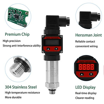 LEFOO Digital Pressure Transmitter 4-20mA Pressure Sensor Transducer with LCD Digital Display (Power Supply: 12-30VDC, Pressure Range: 0-435PSI)