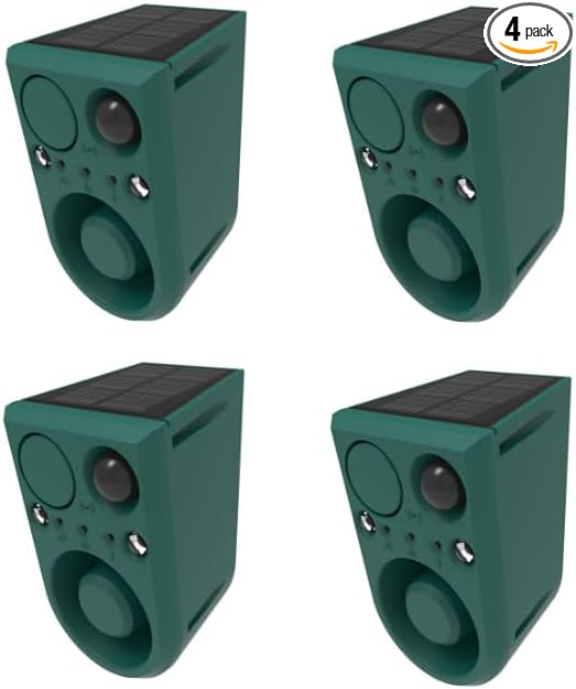 ChunHee Solar Outdoor Motion Sensor Alarm with Dog Barking Alarm Sound, Support Recording and Adjustable Volume, 129db Loud Noise Maker 4 Work Modes Strobe Light for Home, Villa, Farm, Barn (4pack)