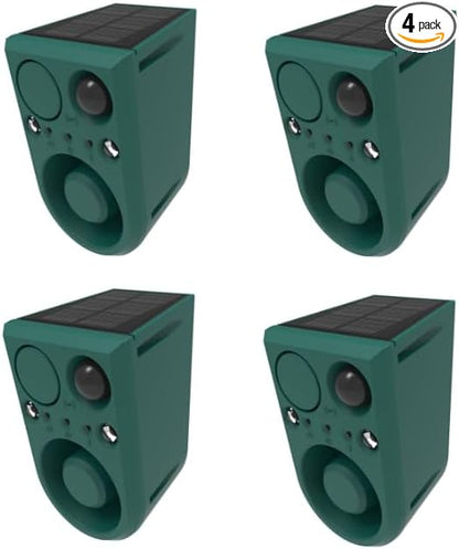 ChunHee Solar Outdoor Motion Sensor Alarm with Dog Barking Alarm Sound, Support Recording and Adjustable Volume, 129db Loud Noise Maker 4 Work Modes Strobe Light for Home, Villa, Farm, Barn (4pack)