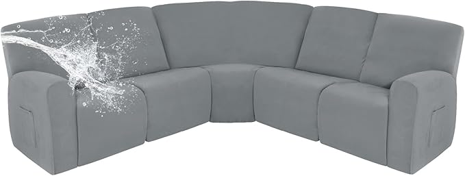 Easy-Going 100% Waterproof Recliner Cover, Stretch Couch Covers for Reclining Couches, Extra Large Sectional Sofa Slipcover, L-Shape Furniture Protector for Kids & Pets, 5 Seater, Light Gray