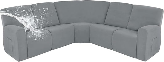Easy-Going 100% Waterproof Recliner Cover, Stretch Couch Covers for Reclining Couches, Extra Large Sectional Sofa Slipcover, L-Shape Furniture Protector for Kids & Pets, 5 Seater, Light Gray