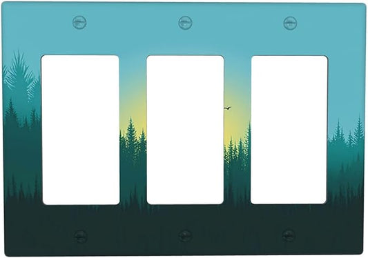 Green Forests And Birds Sun Woodland Light Switch Covers 3 Gang Rocker Decorative Triple Outlet Wall Plate Cover Electrical GFCI Switchplate for Bedroom Bathroom Decor