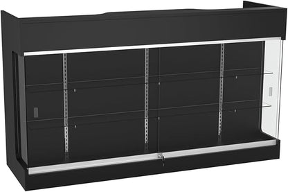 72" W x 22" D x 42" H - Ledgetop Checkout Counter with Glass Showcase View Front, Black Wooden Cash Register Stand with Showcase,Retail Glass Display Cabinet Counter