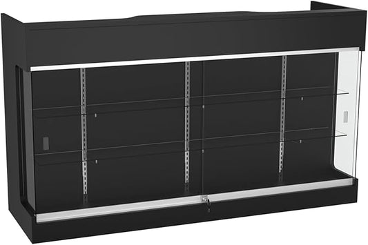 72" W x 22" D x 42" H - Ledgetop Checkout Counter with Glass Showcase View Front, Black Wooden Cash Register Stand with Showcase,Retail Glass Display Cabinet Counter