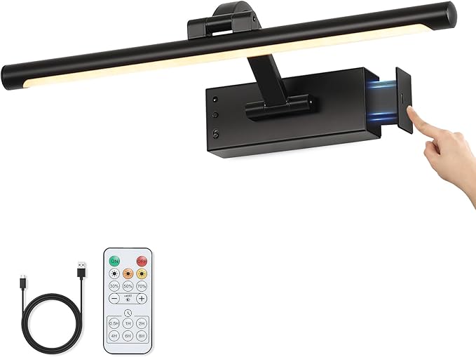 Picture Light Removable Battery Charging, 16in Wireless Art Light for Paintings, Dimmable 5000mAh Recharging Battery Picture Light with Remote Control for Pictures Display