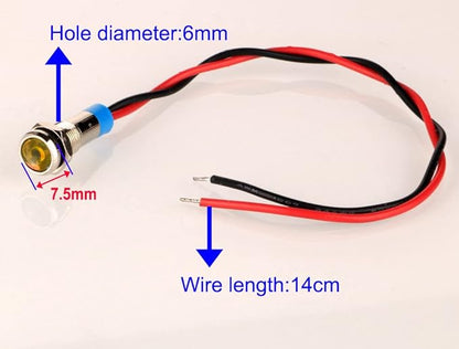10pcs 6mm Waterproof Wired LED Indicator Light AC/DC 12-24V (Yellow)