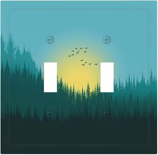 Green Forests And Birds Sun Woodland Decorative Switch Plates 2 Gang Double Toggle Outlet Light Switch Cover Wall Plate Electrical Faceplate for Bedroom Bathroom Decor