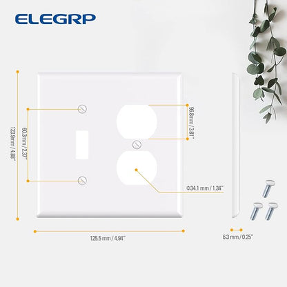 Combination Wall Plate ELEGRP 1-Toggle Light Switch 1-Duplex Receptacle Outlet Combination Wall Plate Cover, Mid-Size 4.88" x 4.94" Unbreakable Thermoplastic Faceplate Cover, UL Listed (1 Pack, white)