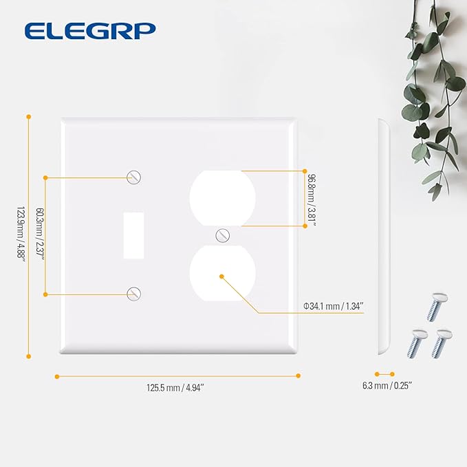 Combination Wall Plate ELEGRP 1-Toggle Light Switch 1-Duplex Receptacle Outlet Combination Wall Plate Cover, Mid-Size 4.88" x 4.94" Unbreakable Thermoplastic Faceplate Cover, UL Listed (2 Pack, white)