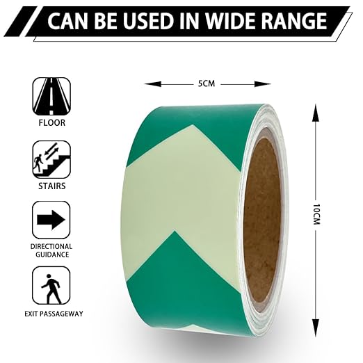 Arrow Glow in The Dark Tape - 15 Ft x 2 in - Rechargeable Glow Tape in The Dark - Safety Warning Tape, Night Decorations, and Home Marking (GreenArrow)