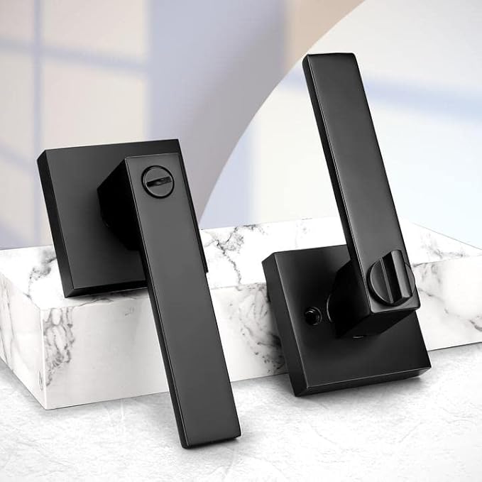 Probrico Interior Black Door Handle, Heavy Duty, Flat Square Privacy Door Handles, Keyless Door Levers Lockset for Bedroom and Bathroom (6 Pack, Modern)