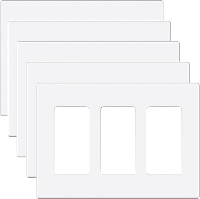 EMITEVER 3-Gang Screwless Decorator Wall Plate Cover for Receptacle Outlet & Light Switch, Standard Size 4.53"H x 6.38"W, Unbreakable Thermoplastic Faceplate, UL Listed, Matte White 5-Pack