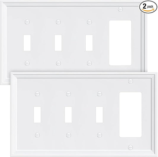2-Pack Combo Decorator/Tripple Toggle Light Switch Cover Plate, Pure White Modern Decorative Electrical Outlet Covers, Bamboo Fiber Wall Switch Plates and Outlet Covers