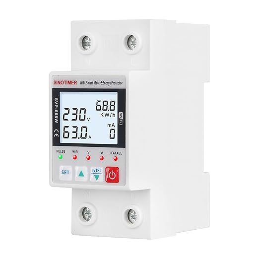 WiFi Smart Energy Meter AC 63A 80-300V WiFi Earth Leakage Over Under Voltage Protector Circuit Breaker Din Rail Electricity Energy Monitor APP Remote Control Smart Life 230V (LCD)