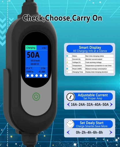 Level 2 EV Charger, 50 Amp, 240V, NEMA 14-50P Plug, 25FT Portable Electric Vehicle Charger for SAE J1772 Cars, Adjustable Current & Delay Timer, Fast Charging and Convenient for Home Use and Road Trip