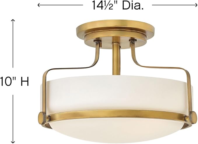 Hinkley Harper 3641HB Medium Semi-Flush Mount Ceiling Light for Kitchen, Bedroom, Bathroom, and Hallway, Sleek, Retro Style Heritage Brass and Etched Opal Glass