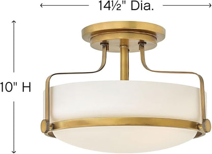 Hinkley Harper 3641HB Medium Semi-Flush Mount Ceiling Light for Kitchen, Bedroom, Bathroom, and Hallway, Sleek, Retro Style Heritage Brass and Etched Opal Glass