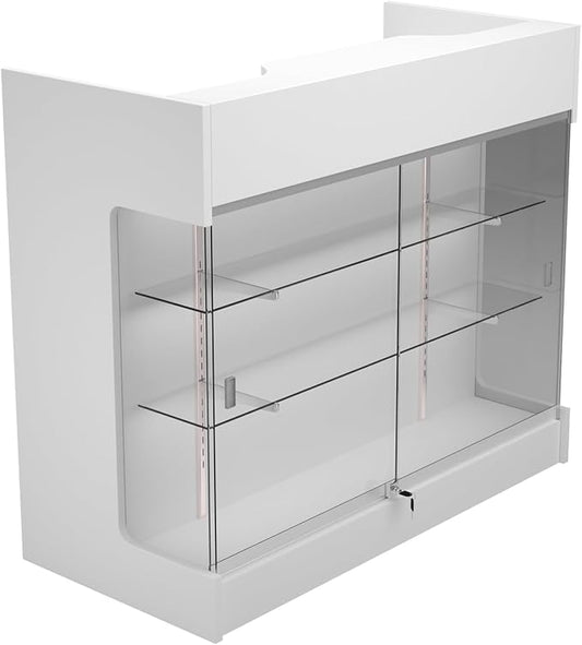 48" W x 22" D x 42" H - Retail Sales Counter with Adjustable Glass Shelves, Tempered Glass，White Laminated Particle Board, Locking Drawers
