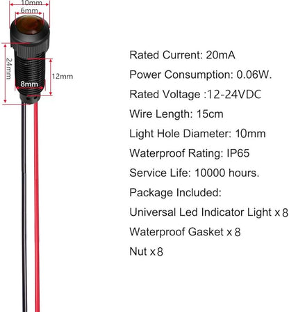 8pcs Red LED Indicator Pilot Light AC/DC 12-24V Mounting Hole Size 8mm(Flame Retardant Plastic Shell)