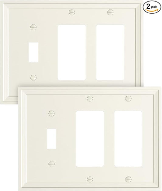 2-Pack Combo Toggle/Double Decorator Light Switch Cover Plate, Light Almond Modern Decorative Electrical Outlet Covers, Bamboo Fiber Wall Switch Plates and Outlet Covers