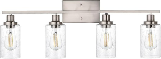 4-Lights Modern Vanity Light Fixtures for Bathroom Over Mirror, Farmhouse 31-Inches Length Seeded Glass Bath Wall Sconce Lighting in Brushed Nickel