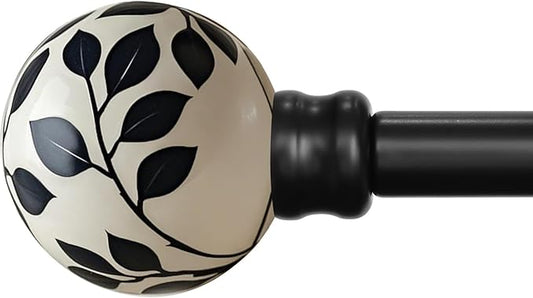 Ceramic Black Curtain Rods for Windows 72 to 144 Inches Adjustable Length Heavy Duty 1" Diameter Window Curtain Rod with Modern Leaf Pattern Decorative Finials for White-themed Bedroom Living Room