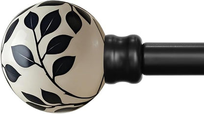 Ceramic Curtain Rods Black for Windows 66 to 120 Inches Adjustable Length Heavy Duty 1" Diameter Window Curtain Rod with Modern Leaf Pattern Decorative Finials for Bedroom Kitchen Living Room