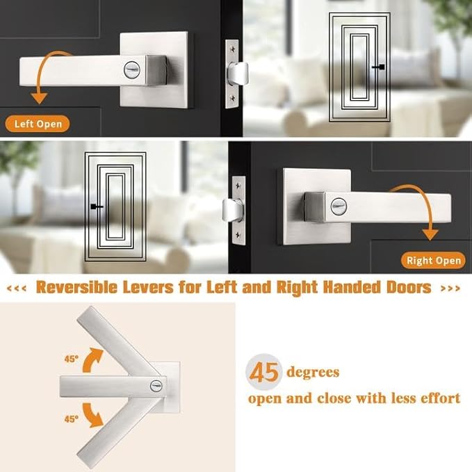 Probrico Interior Brushed Nickel Door Handle, Heavy Duty, Flat Square Privacy Door Handles, Keyless Door Levers Lockset for Bedroom and Bathroom (2 Pack, Modern)
