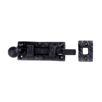 Renovators Supply Manufacturing Door Lock Latch 4 in. Black Wrought Iron Ball Tip Styled Necked Offset Slide Bolt Latch with Mounting Hardware